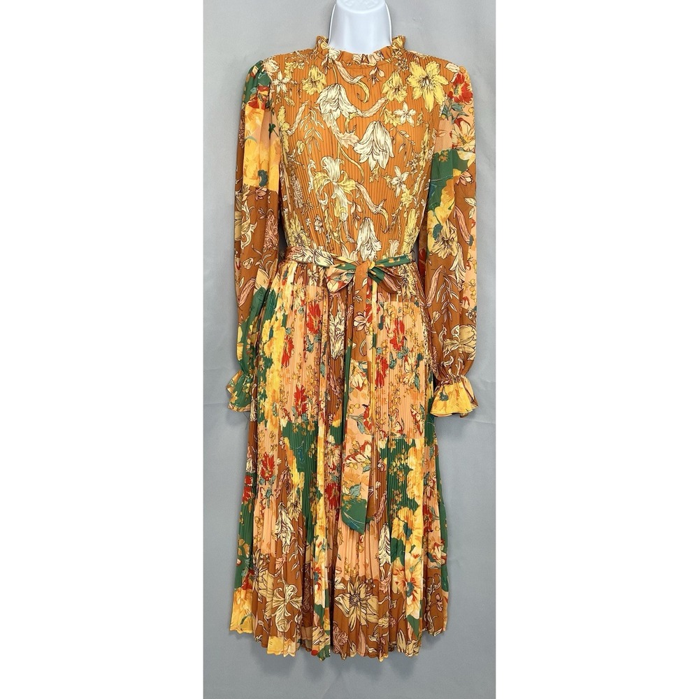 Flying Tomato Women's Modest Chiffon Pleated Boho Long Sleeve Midi Dress Sz S - Picture 4 of 14
